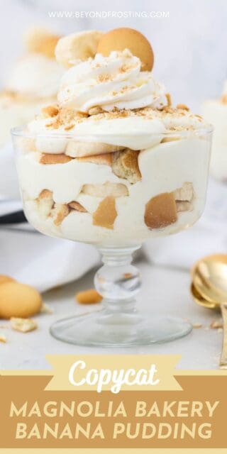 Three banana puddings in trifle glasses and a text overlay