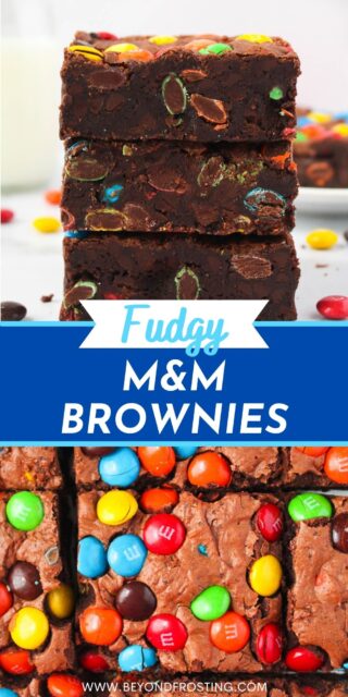 two pictures of M&M brownies titled "Fudgy M&M Brownies"