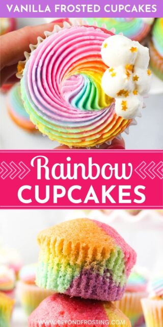 Two images of rainbow cupcakes with text overlay