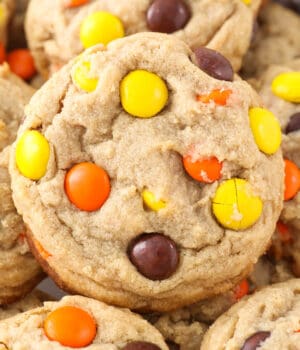 Close-up of a peanut butter cookie with Reese's pieces