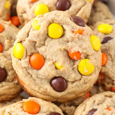 Close-up of a peanut butter cookie with Reese's pieces