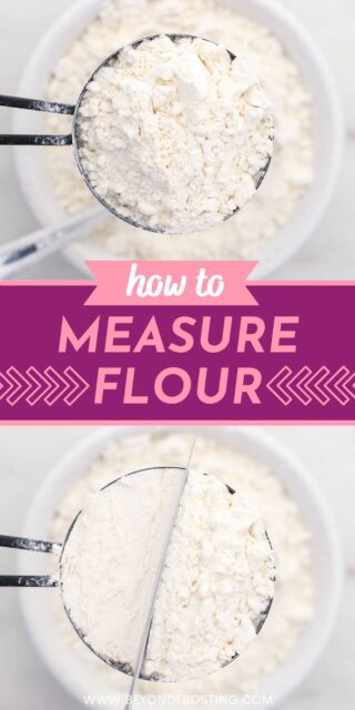Two photos of measuring flour in a measuring cup with pink text overlay.