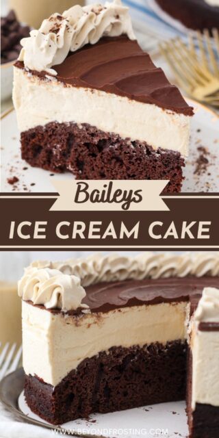Two photos of a Baileys Ice Cream Cake with text overlay