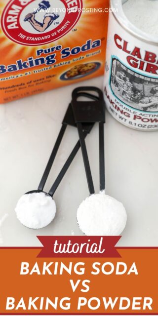 Baking soda in a measuring spoon beside baking powder in a larger measuring spoon on a countertop with text overlay