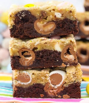 3 Brookie Bars stacked showing the Cadbury eggs in the middle