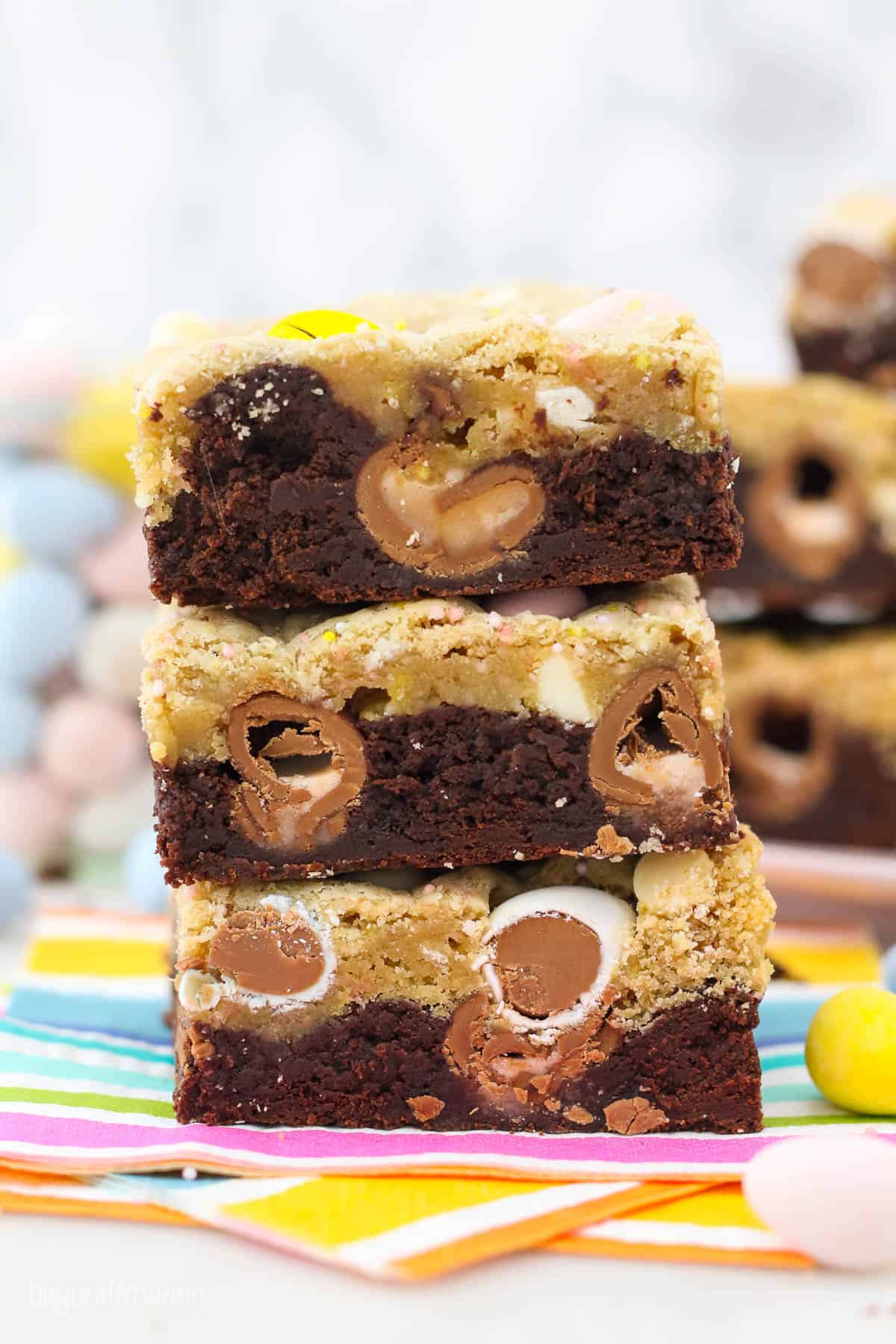 3 Brookie Bars stacked showing the Cadbury eggs in the middle