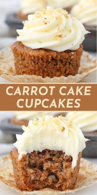 Two images of carrot cake cupcakes with text overlay