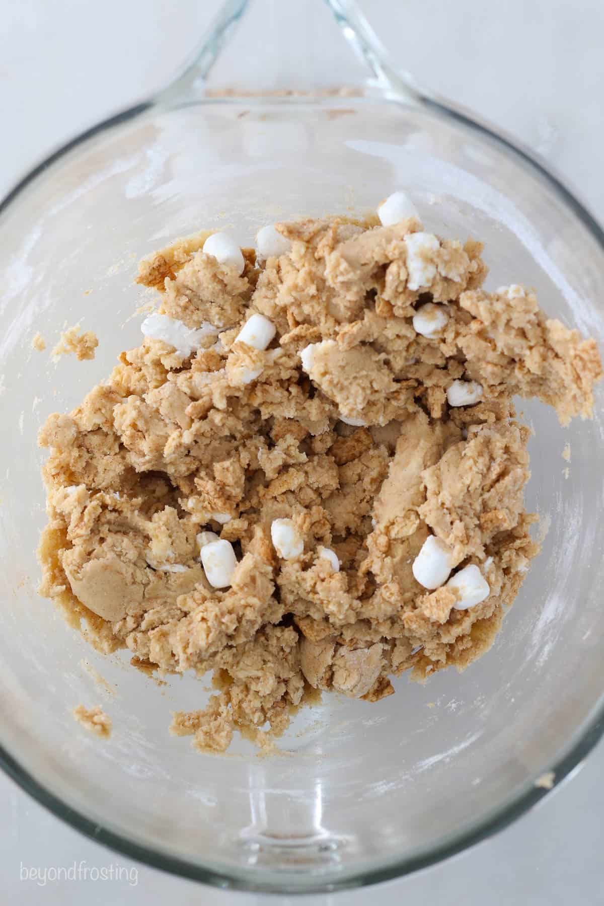 overhead of a bowl with cookie dough