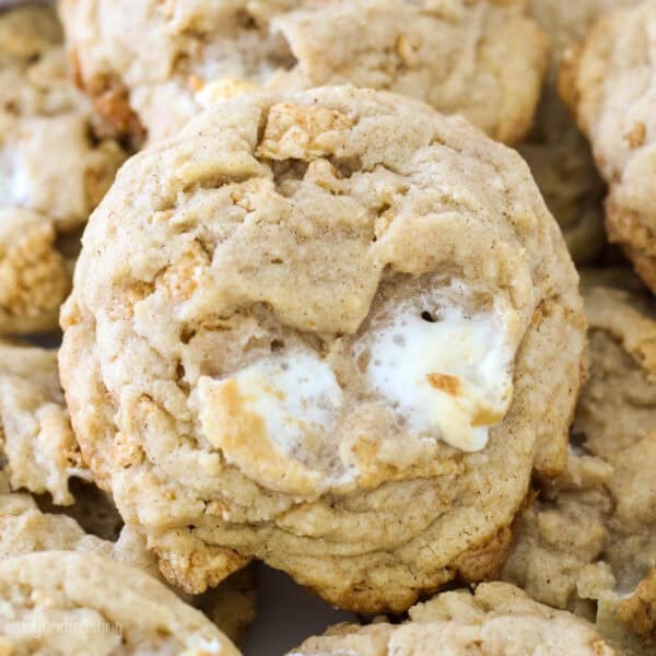 closeup of a pile of cinnamon toast crunch marshmallow cookies