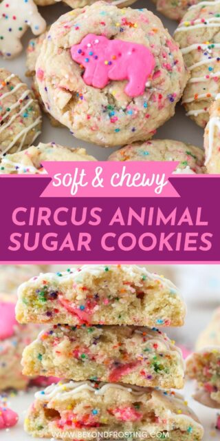 Two photos of Circus Animal Stuffed Cookies with a pink text overlay