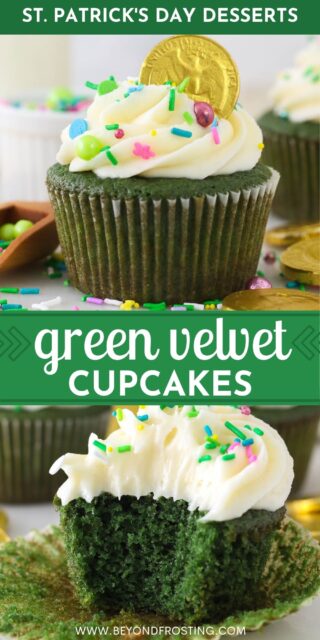 Two pictures of Green Velvet Cupcakes decorated for St Patricks Day with text overlay