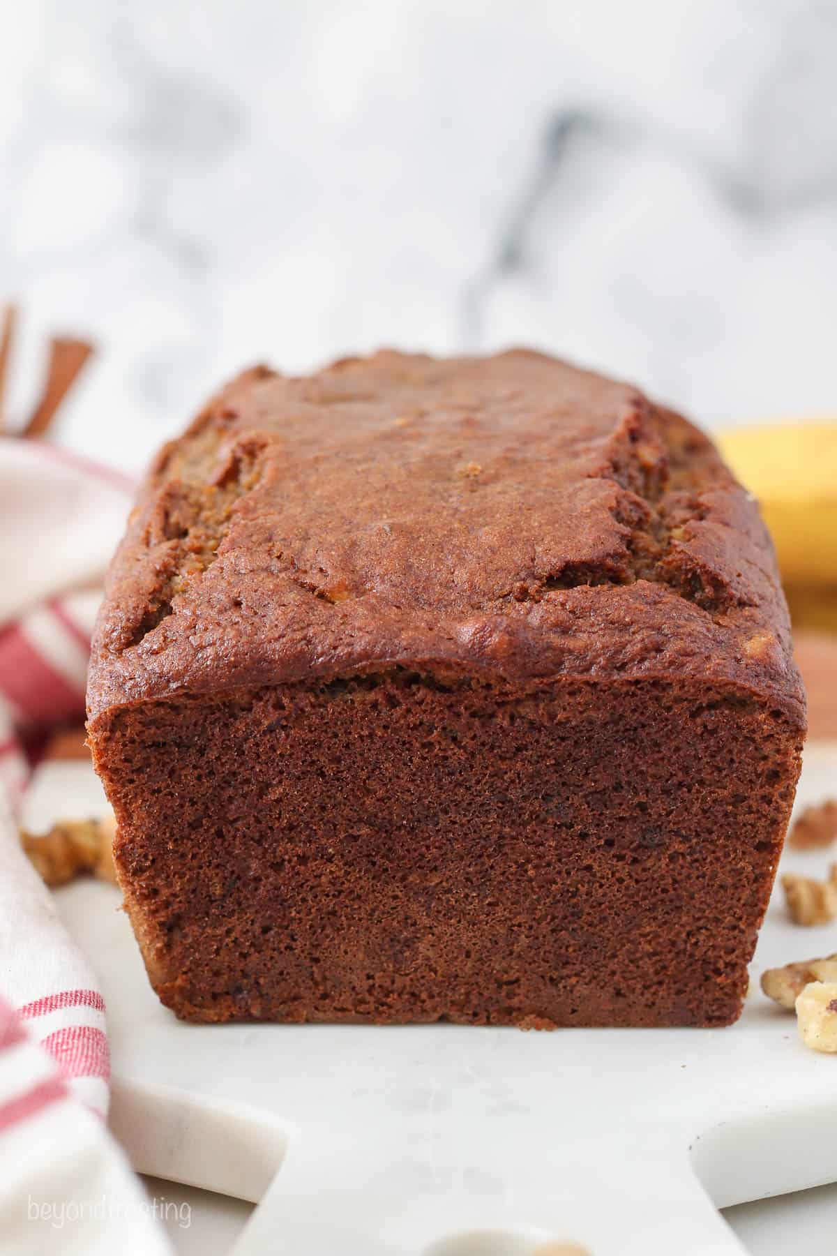 Angled view of a loaf of banana bread