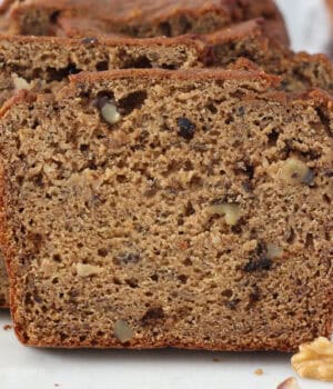 Front view of a slice of healthy banana bread