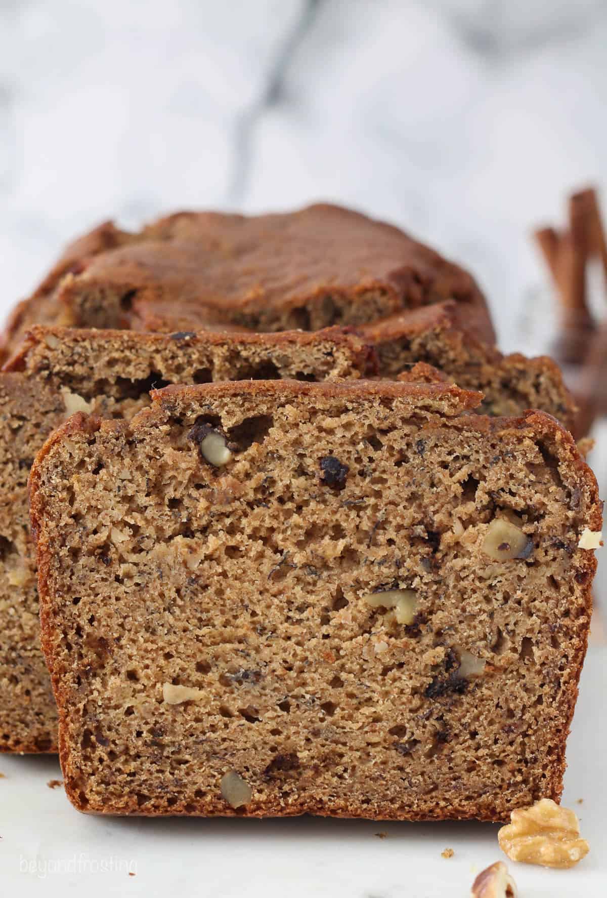 Front view of a slice of banana bread