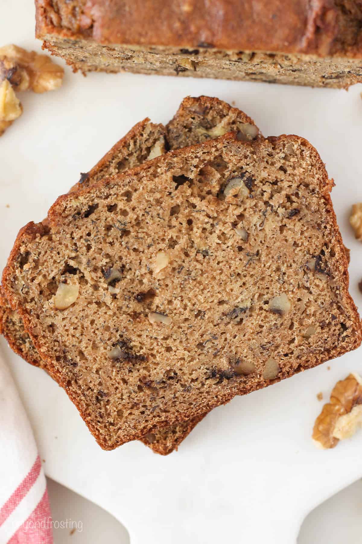 Overhead view of two slices of healthy banana bread