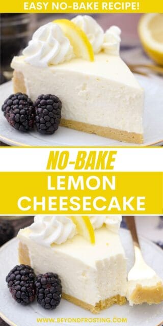 two pictures of lemon cheesecake titled "Easy No-bake Recipe! No-Bake Lemon Cheesecake