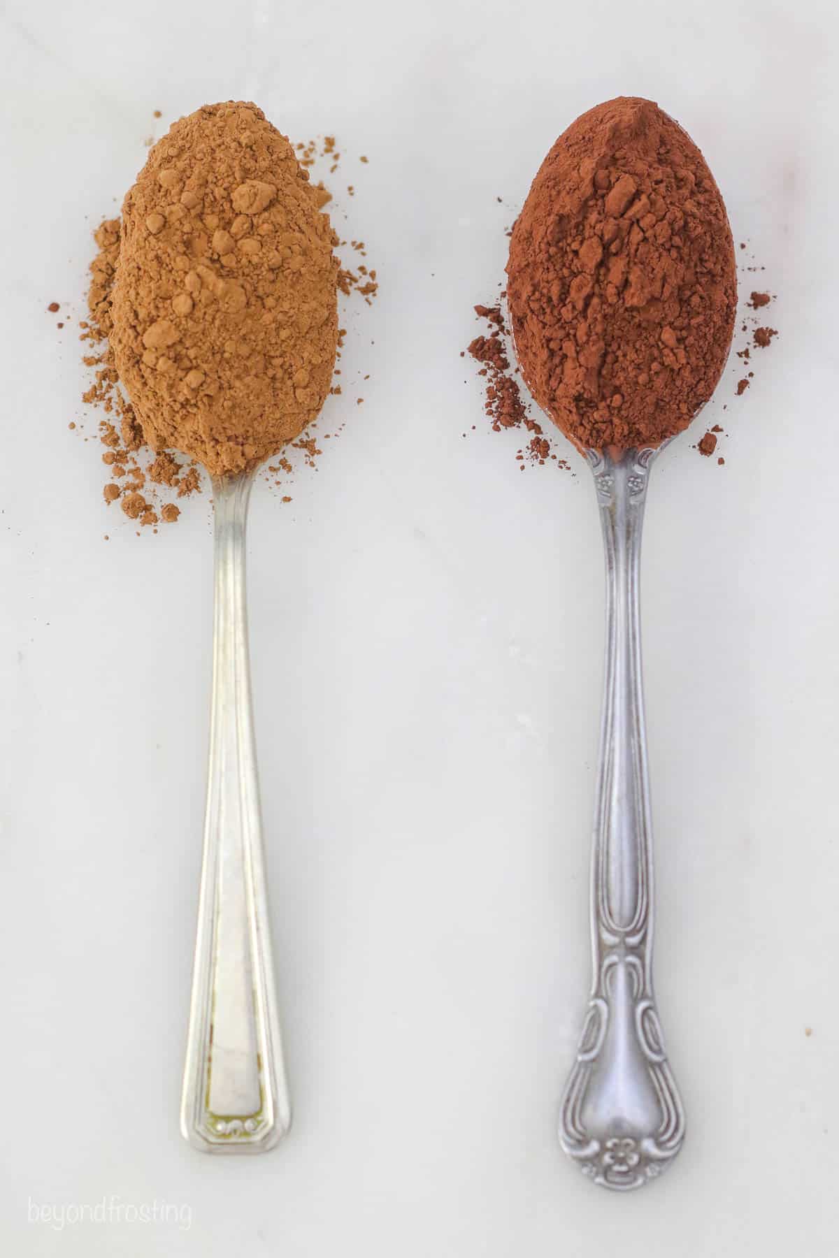 two spoons on a table with cocoa powder