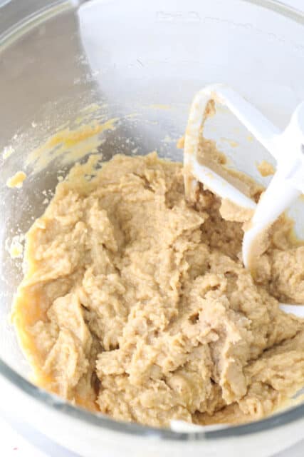 Butter and sugar creamed in a mixing bowl