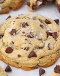 Angled view of an extra thick chocolate chip cookie