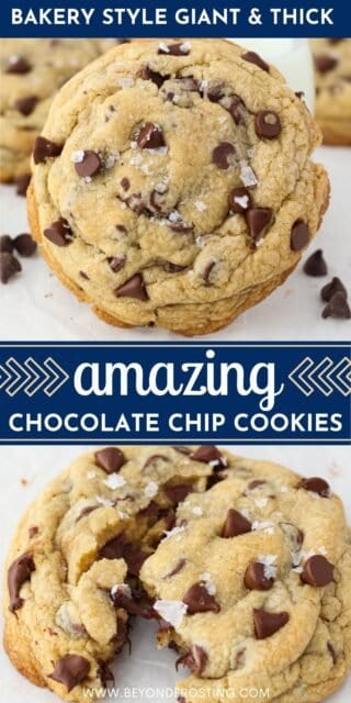Pinterest graphic of thick chocolate chip cookies