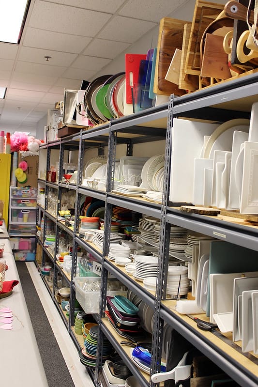 Shelves stacked with props for photography