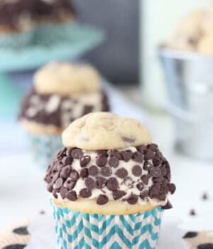 side view of a cookie dough cupcake