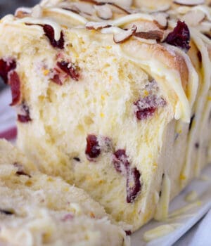 close up of the inside of a sweet bread loaf with cranberry and orange zest