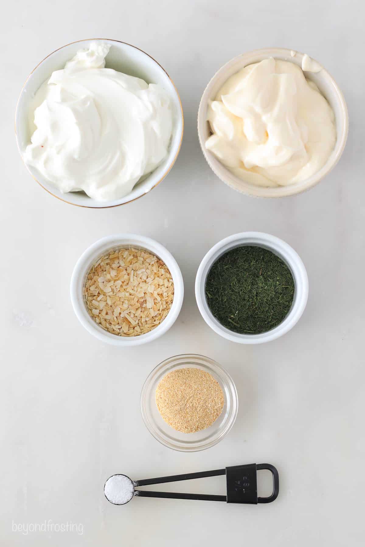 Overhead view of easy dill dip ingredients