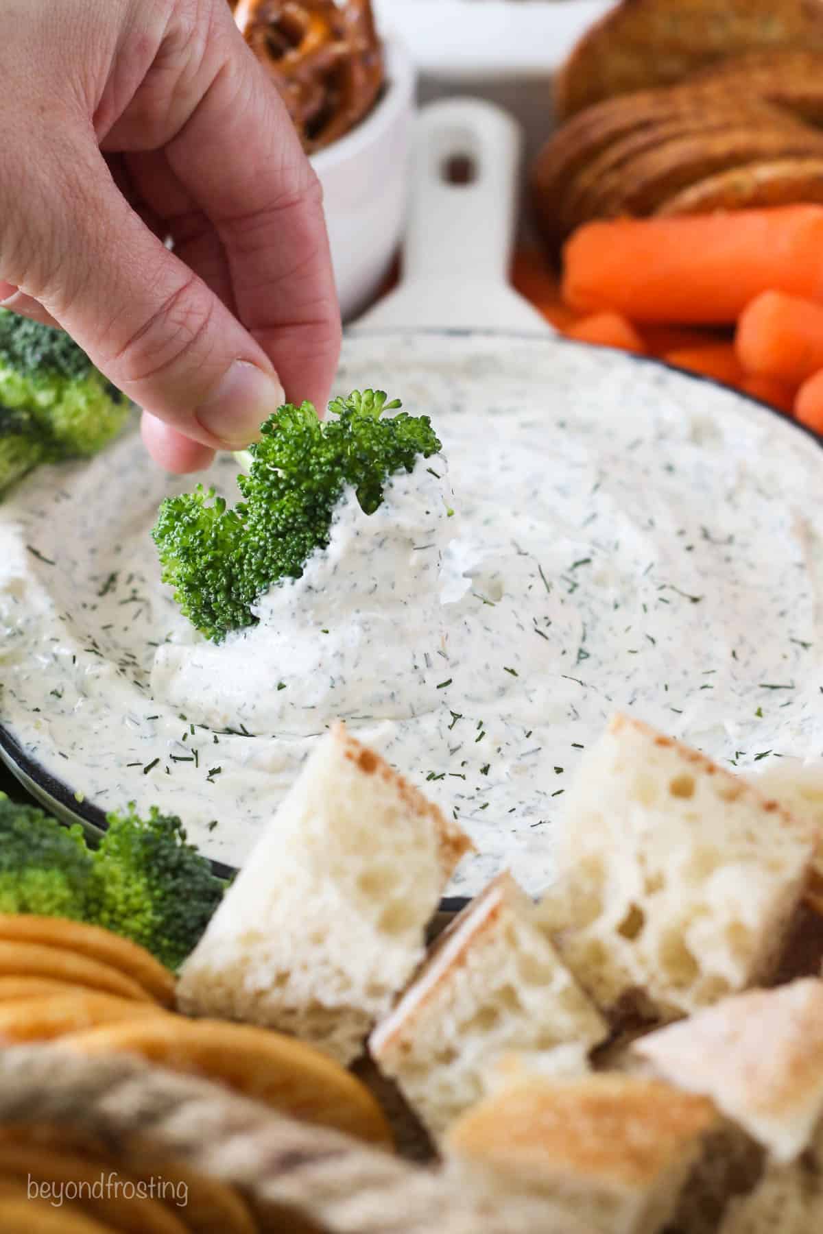 Broccoli being dipped in dill dip