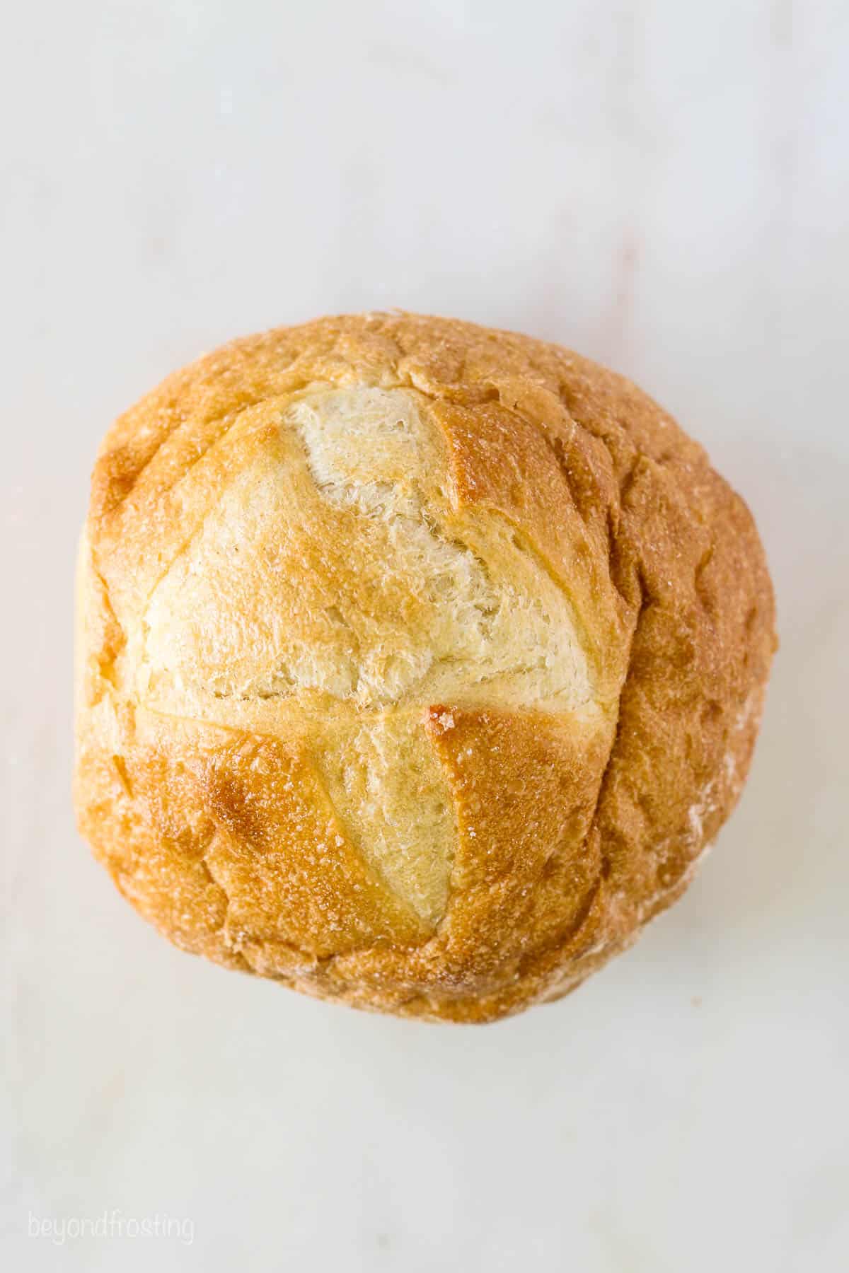 Overhead view of a round loaf of bread