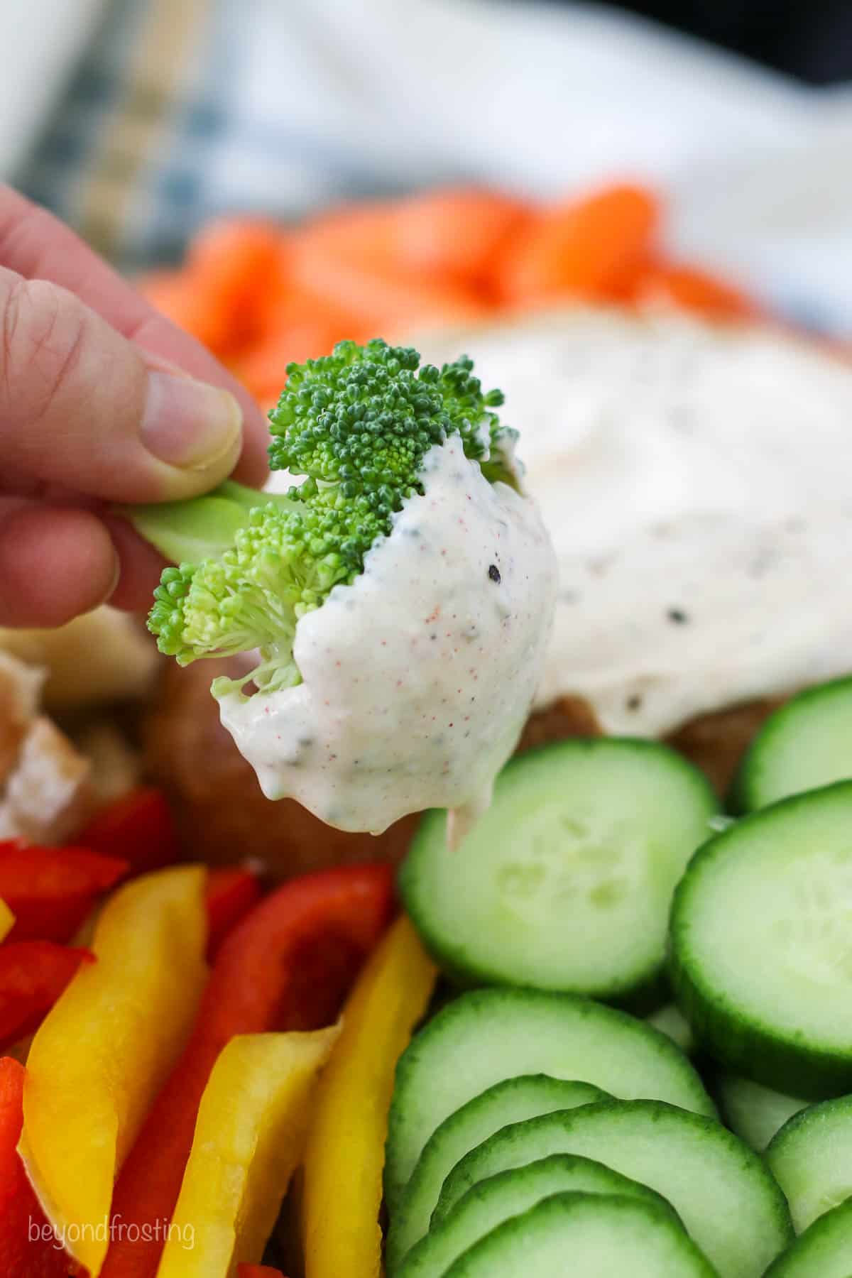 A hand holding a piece of broccoli dipped in vegetable dip