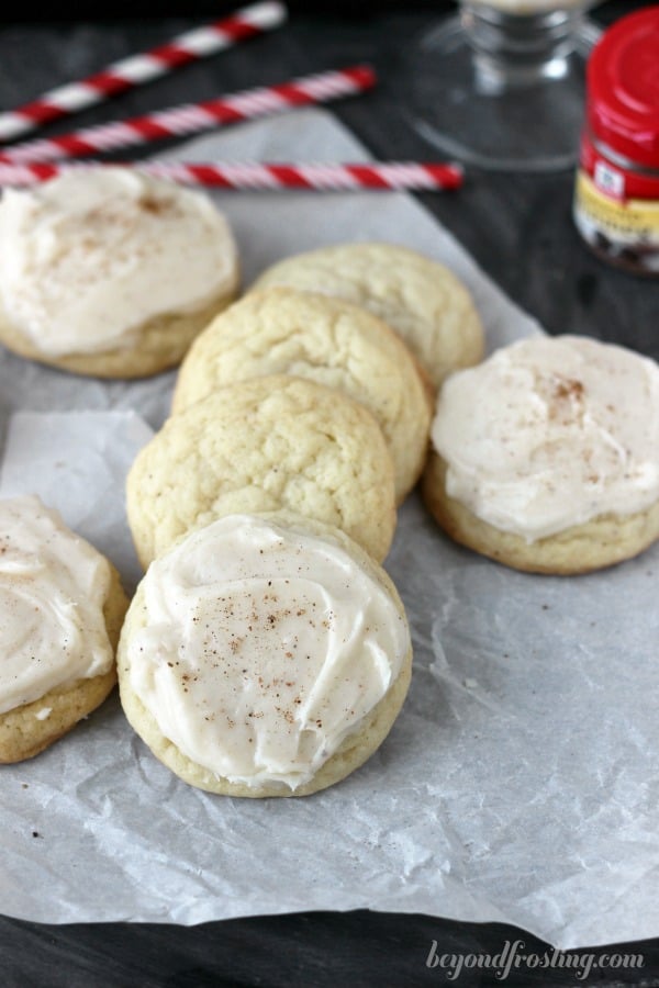 eggnog sugar cookies lined on parchment paper