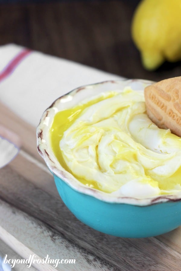 overhead of a bowl of lemon pie cheesecake dip