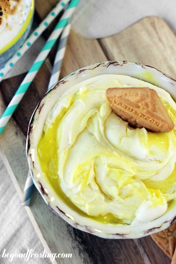 overhead of a bowl of lemon pie cheesecake dip from above