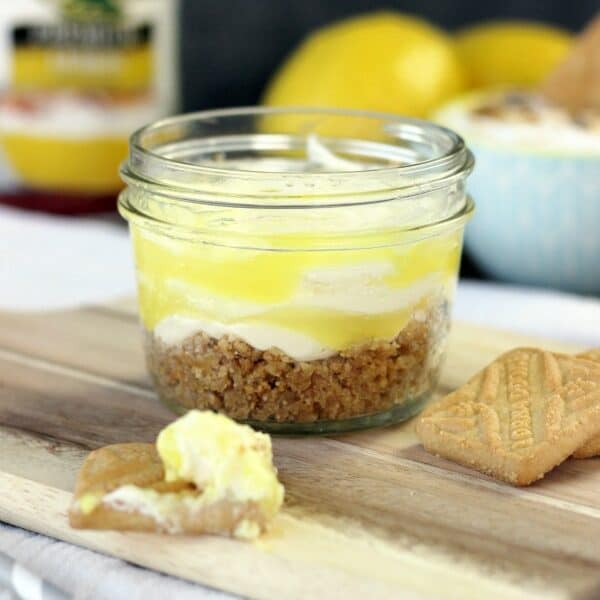 jar of lemon pie cheesecake dip from the side