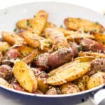 closeup of roasted potatoes in a bowl