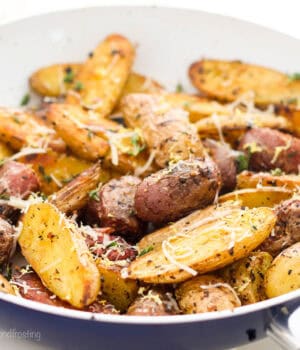closeup of roasted potatoes in a bowl