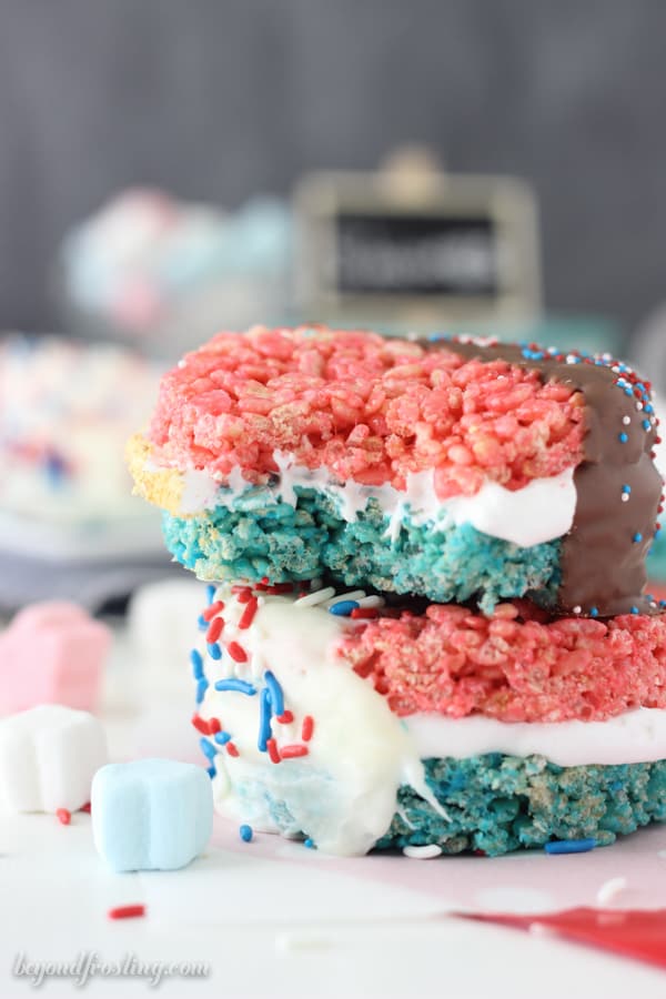 two rice krispie treat s'mores stacked