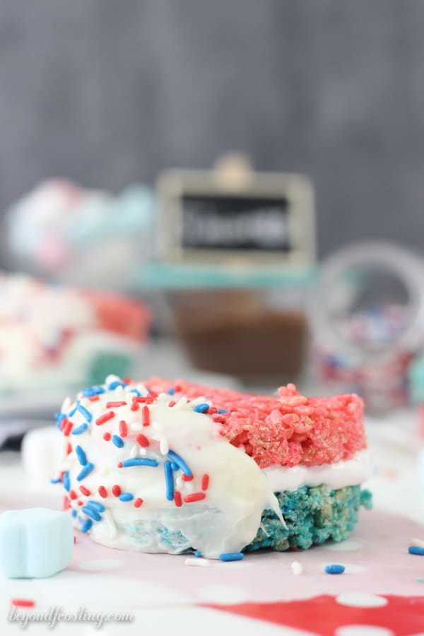 one frosted rice krispie treat s'more with red and blue sprinkles