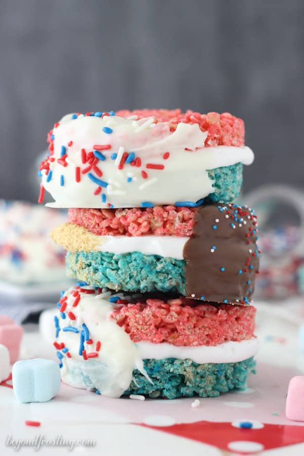 three rice krispie treats stacked on top of one another