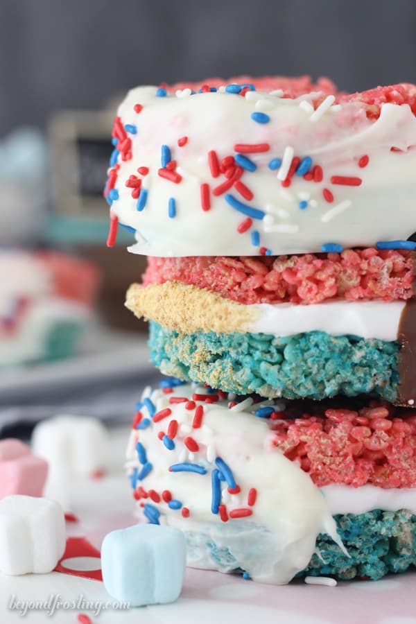 three patriotic rice krispie treat s'mores stacked