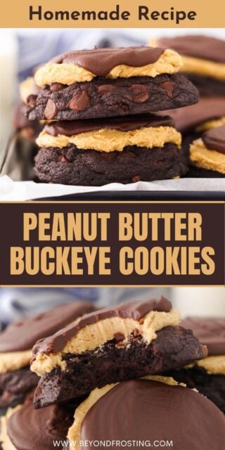 Pinterest graphic with two photos of peanut butter buckeye cookies