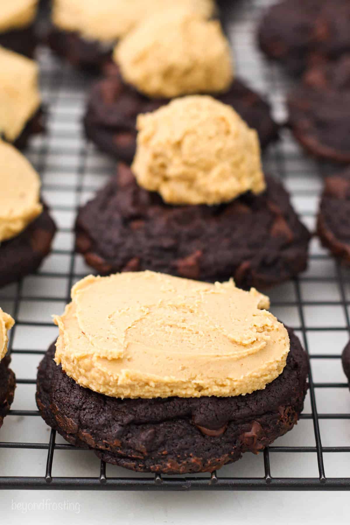 Double chocolate cookies with a layer of peanut butter filling