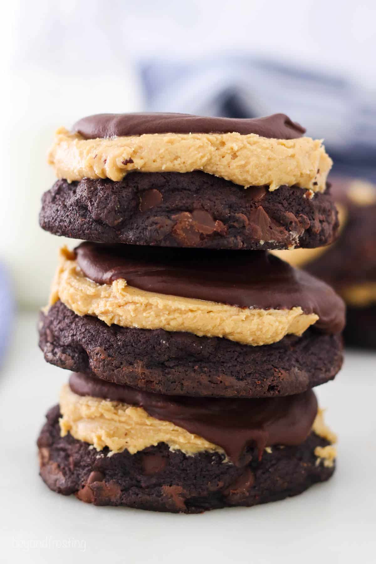 A stack of 3 peanut butter buckeye cookies