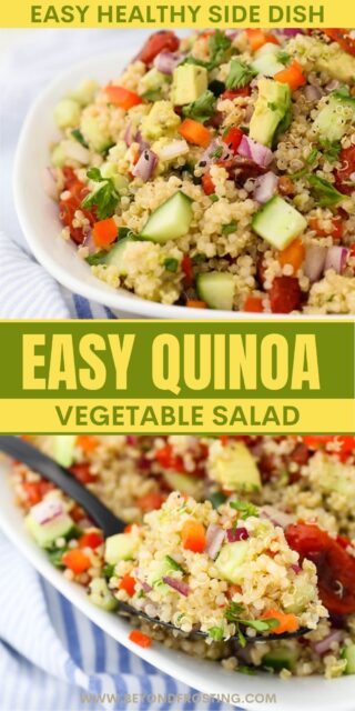 Pinterest graphic with two images of cold quinoa salad with text overlay