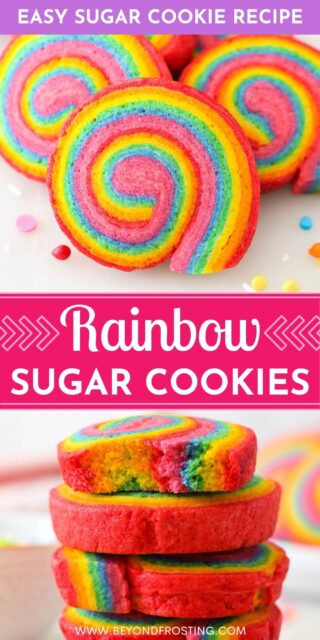 Pinterest graphic with two images of Rainbow sugar cookies with text overlay