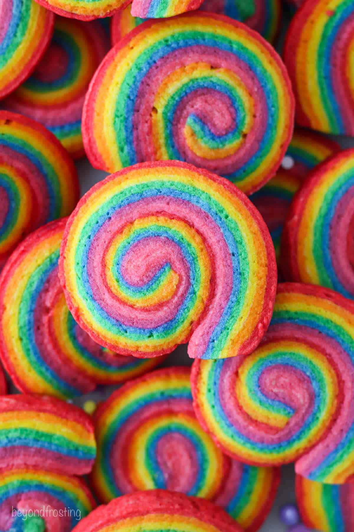 Overhead view of rainbow swirl sugar cookies