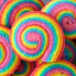 Overhead close up view of a rainbow sugar cookie.