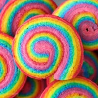 Overhead close up view of a rainbow sugar cookie.