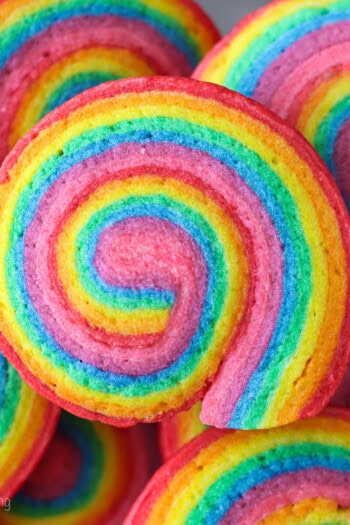 Overhead close up view of a rainbow sugar cookie.
